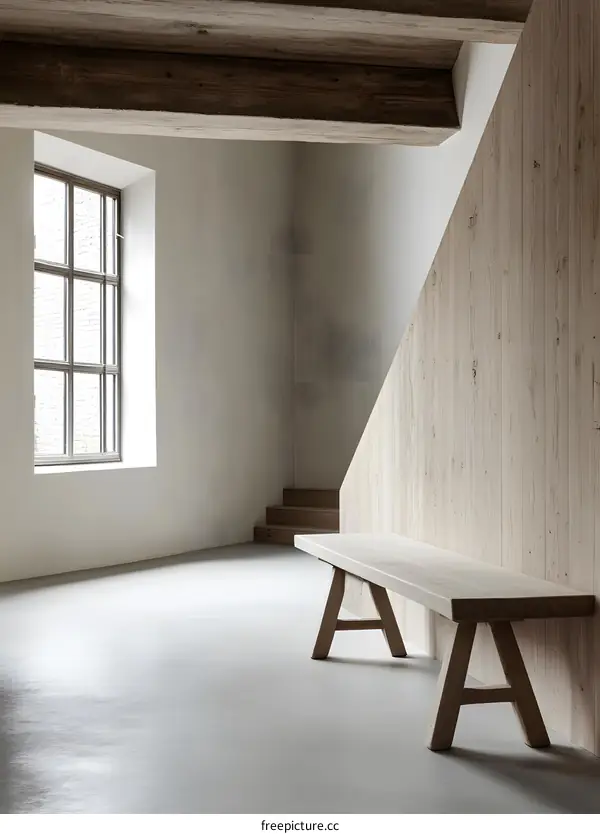 Minimalist Interior Design with Wooden Bench and Large Window
