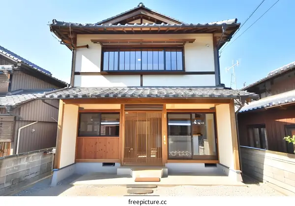 Traditional Japanese House with Wooden Details and a Slate Roof