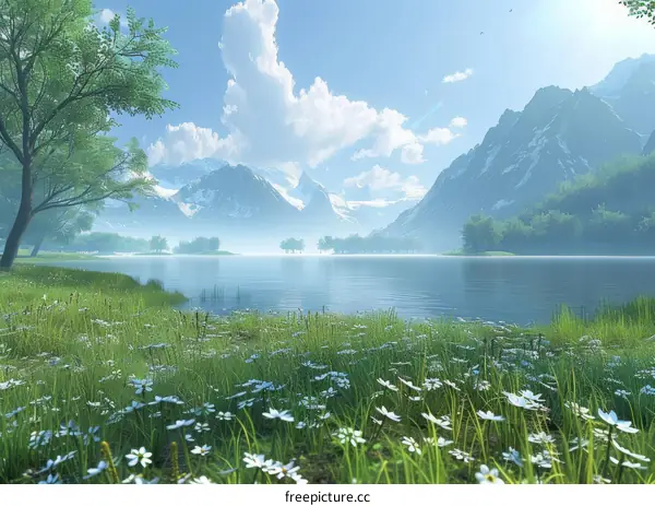 Tranquil Mountain Lake with Blooming Flowers