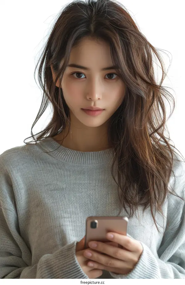 A beautiful Asian woman is holding a phone