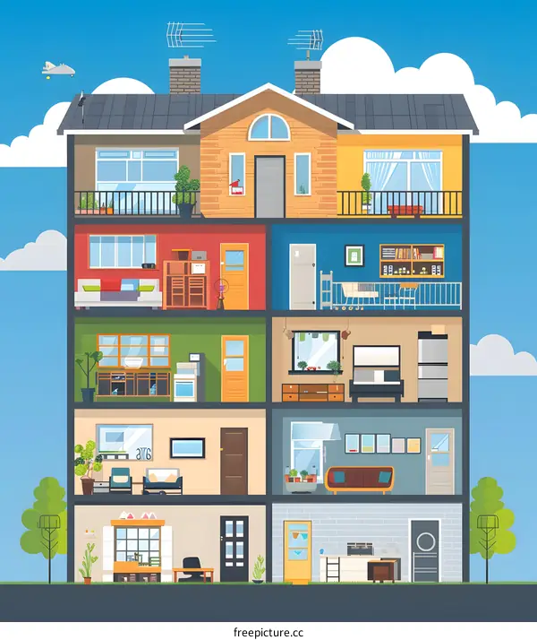 Cross Section of a Modern House with Multiple Rooms and Features