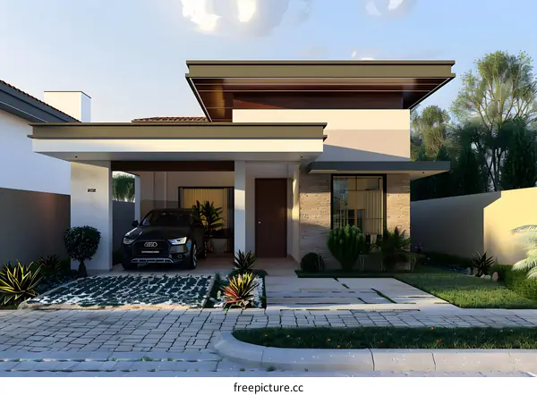 Modern House Exterior Design With Car Garage And Green Landscaping