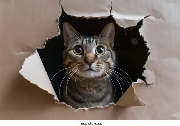 Cat Peeking Through Hole in Cardboard Box