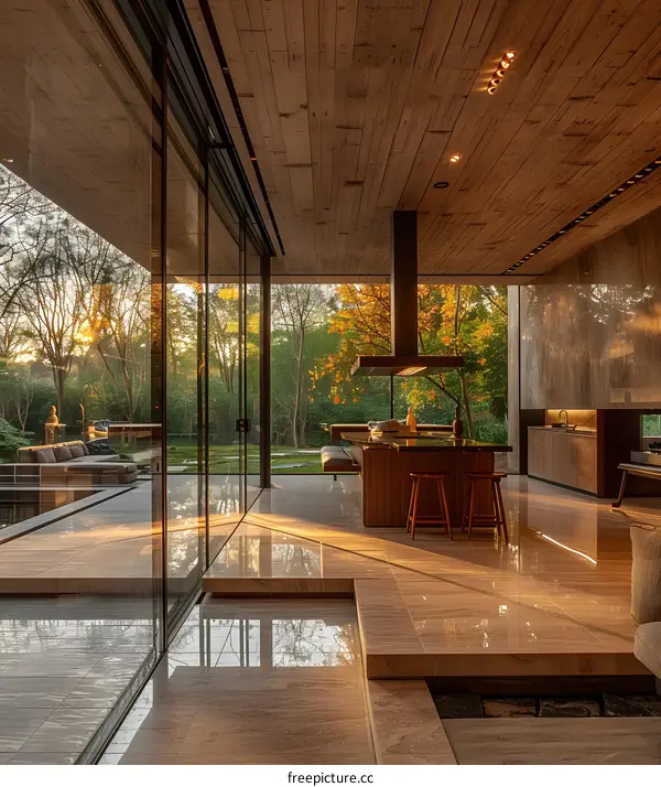 The warm sunlight shines through the glass into the house