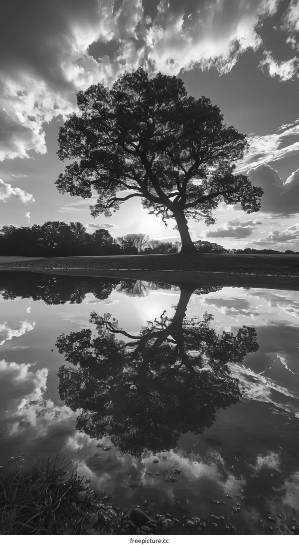 A tree stands in a field with a large puddle reflecting the sky and clouds
