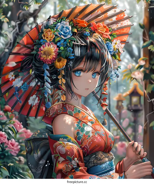 A Japanese girl in a kimono holding a flower umbrella