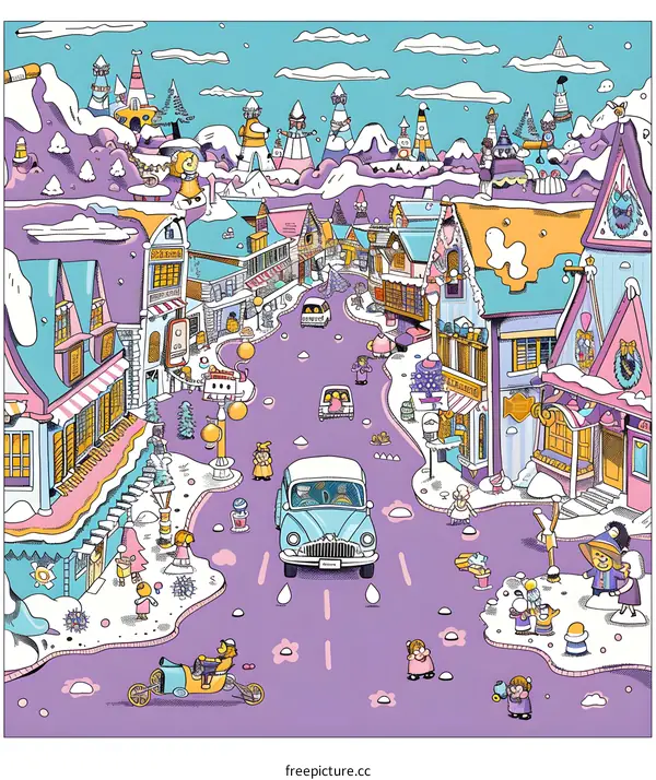 Winter Wonderland Village Illustration With People