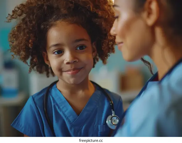 Little girl dressed as a doctor smiling at a nurse