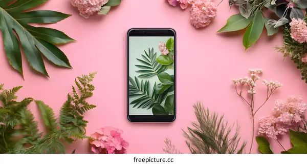 Flat Lay Mobile Phone on Pink Background with Flowers and Plants