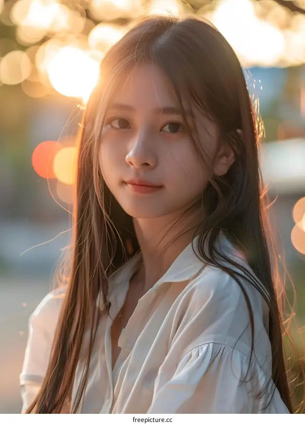 Portrait of Asian Woman with Long Hair Looking at Camera