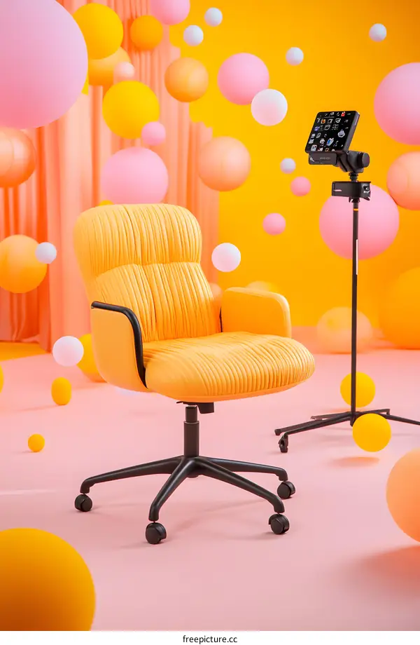 Yellow Office Chair with Floating Balloons in Pink and Yellow