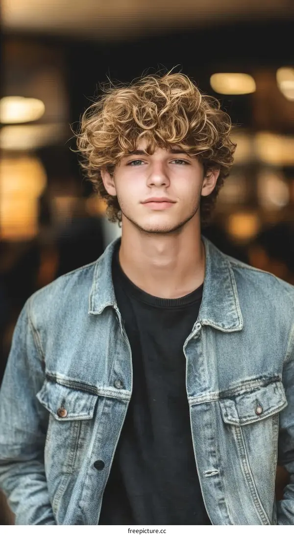 Close Up Portrait of a Young Man with Curly Hair