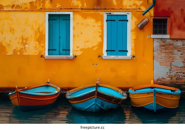 Three Colorful Boats Docked in Front of a Yellow Building with Blue Shutters