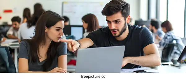 Two Colleagues Working Together on a Laptop in an Office
