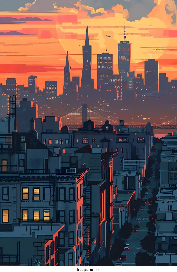 Sunset Skyline Cityscape with Buildings and Bridge