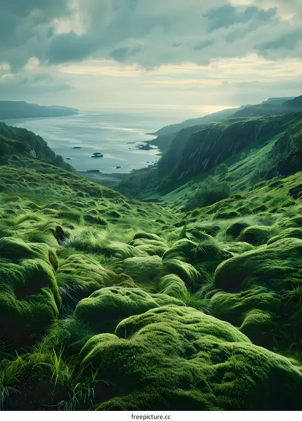 Green Mossy Landscape With Ocean And Cliffs