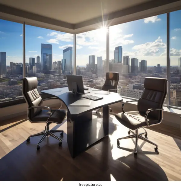 Three empty chairs in a conference room with a city view