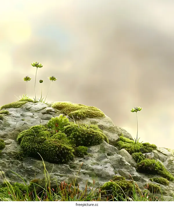 Green Moss Covered Rock with Tiny Flowers Under A Cloudy Sky