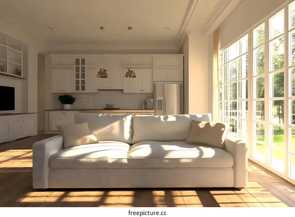 Modern White Kitchen with Sofa and Large Window