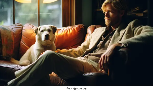 A man and his dog are sitting on a couch