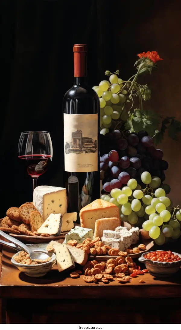 Still life with wine, cheese and grapes