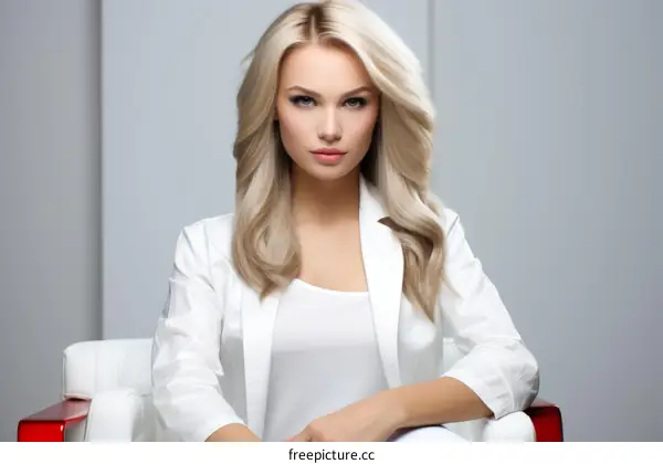 portrait of a beautiful blonde woman in a white suit