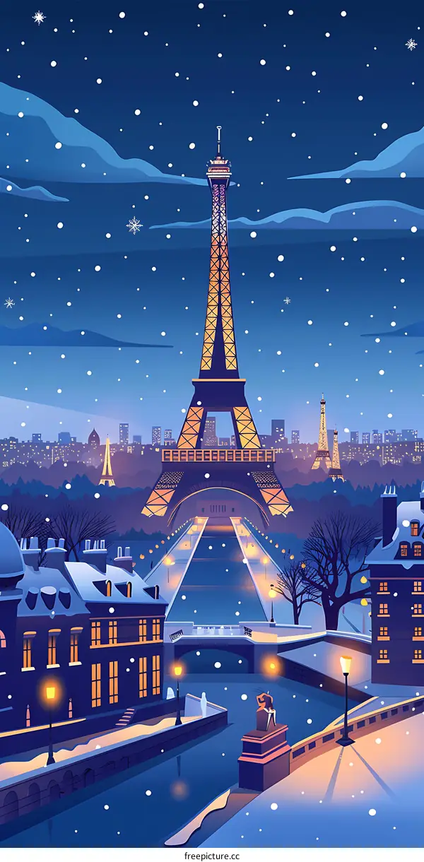 Snowy Night in Paris with Eiffel Tower