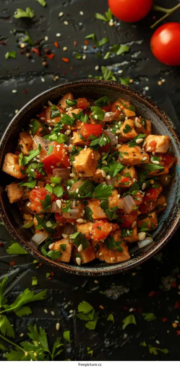 Hearty Chicken Mixed with Fresh Diced Tomatoes, Red Onions and Nutrient-Rich Parsley