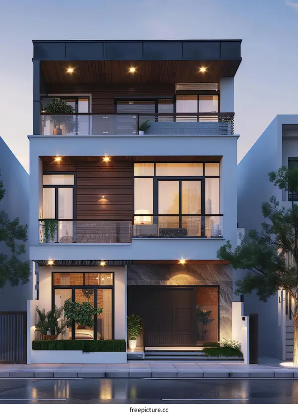 A 3-story modern house with a flat roof