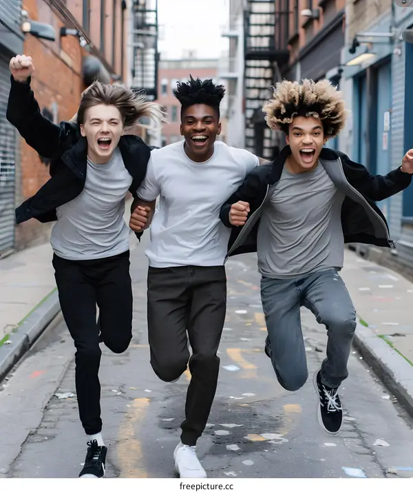 Three Friends Running Through an Alleyway