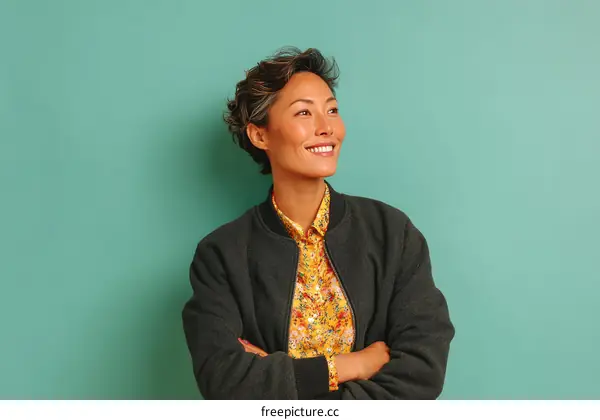 Woman with arms crossed on teal background