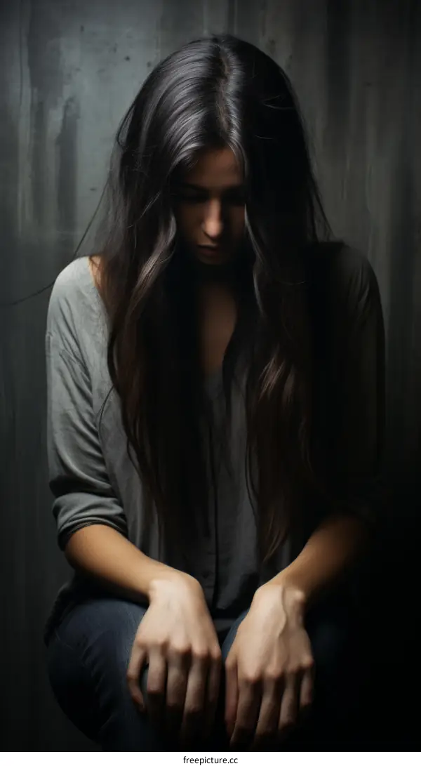 Portrait of a young woman with long brown hair looking down