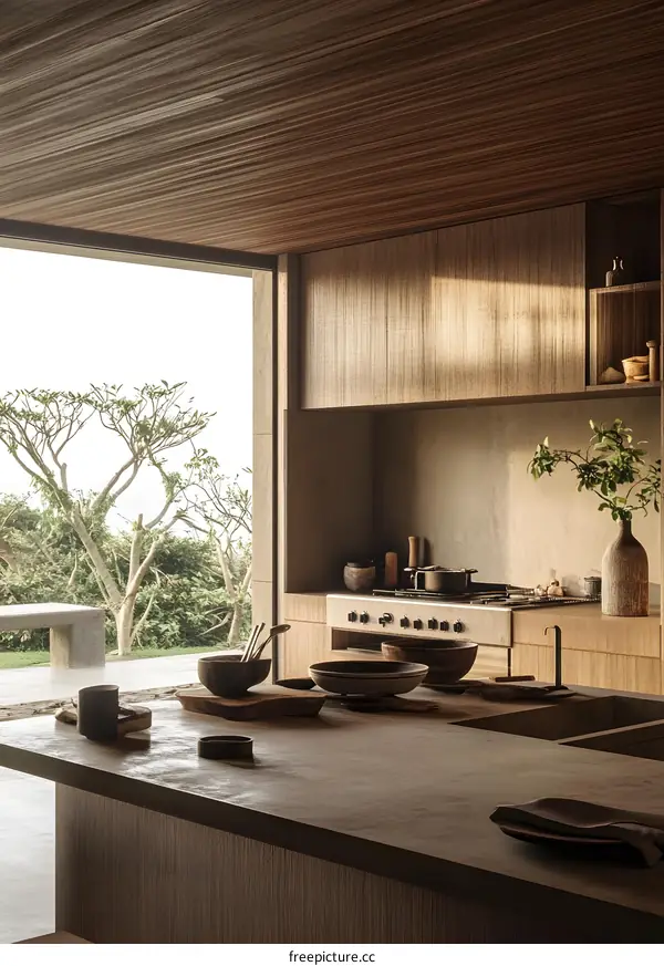 Minimalist Kitchen Interior Design With Wooden Cabinets and Open Window View