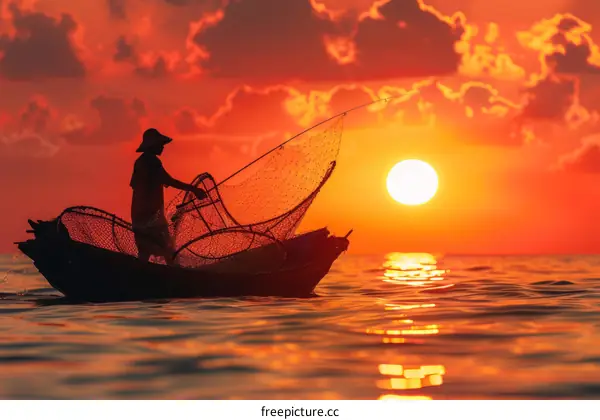 silhouette of a fisherman in a boat with a large net at sunset