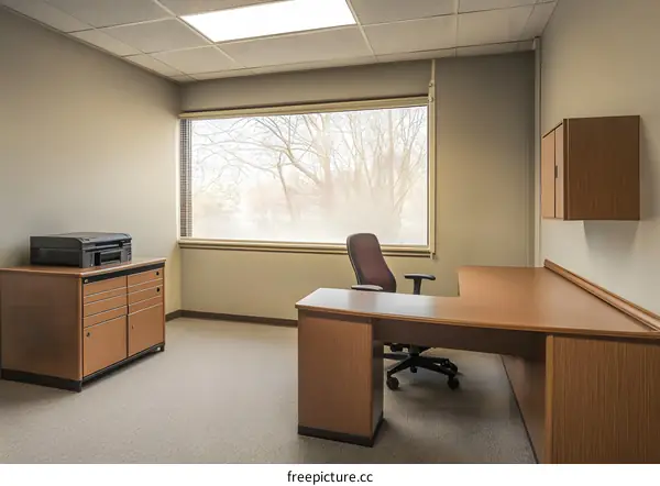 Modern Office Interior with L Shaped Desk and Window View