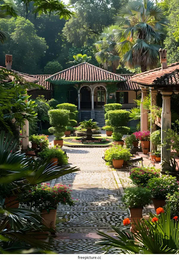 Beautiful garden courtyard with cobblestone path
