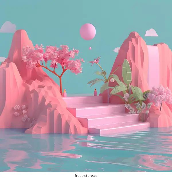 Pink 3D Illustration of a Landscape with Mountains, Water, and Flowers