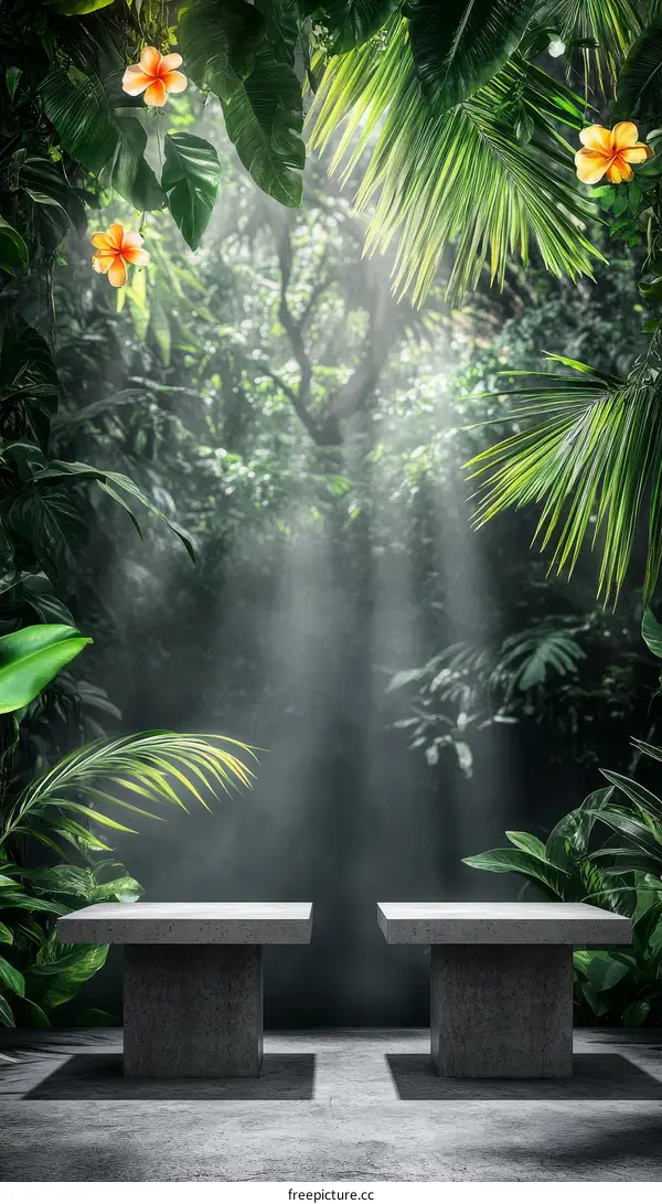 Empty Stone Pedestals in a Tropical Jungle Setting