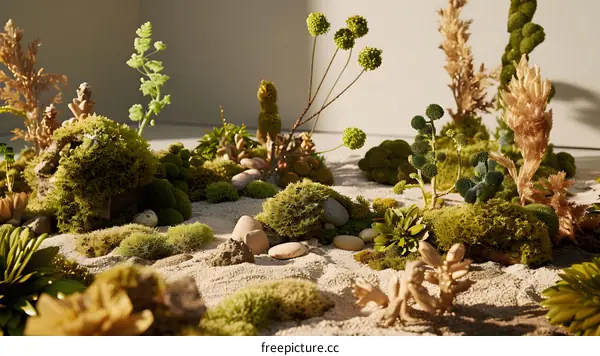 Close Up of Miniature Garden with Moss, Sand, and Rocks