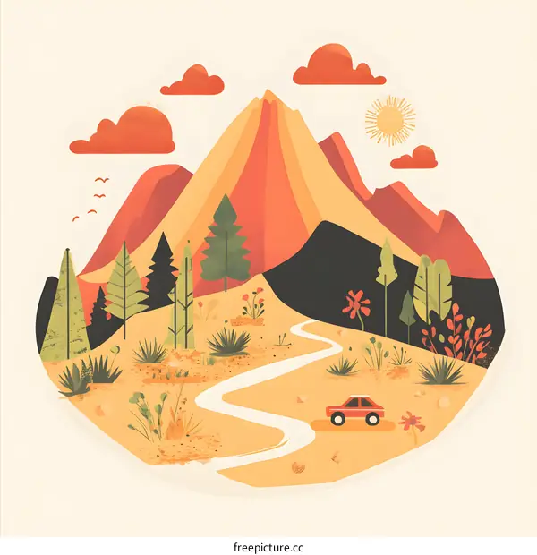 Mountain Landscape Illustration With Red Car And Winding Road