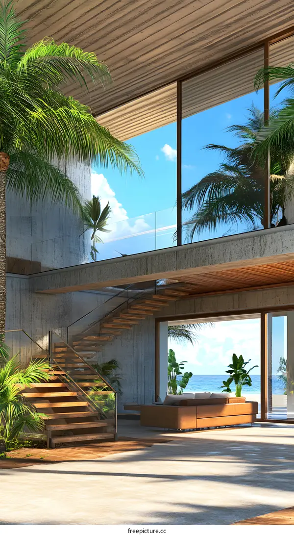 Modern Beach House Interior Design with Wooden Stairs and Palm Trees