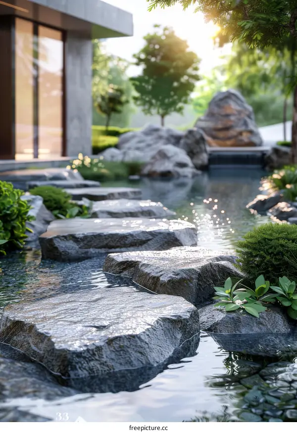Stepping stones in a Zen garden with water flowing between them