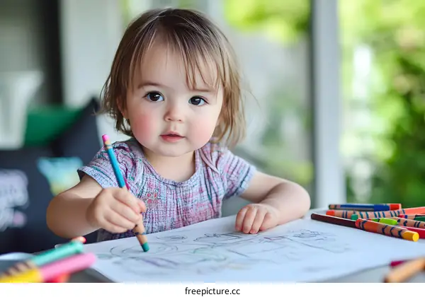 Toddler Girl Coloring With Crayons
