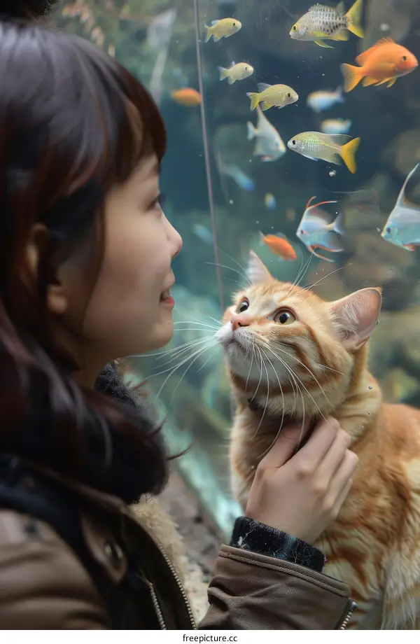 A ginger cat looking at a school of fish in an aquarium with a young woman