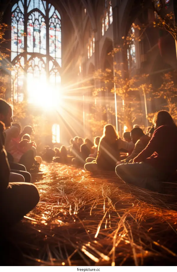People sitting in a church with sunlight shining through the stained glass windows