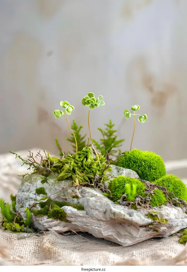 Green Moss and Plants Growing on a Rock