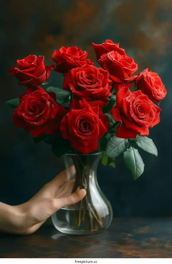 A hand holding a bouquet of red roses with water drops on the petals