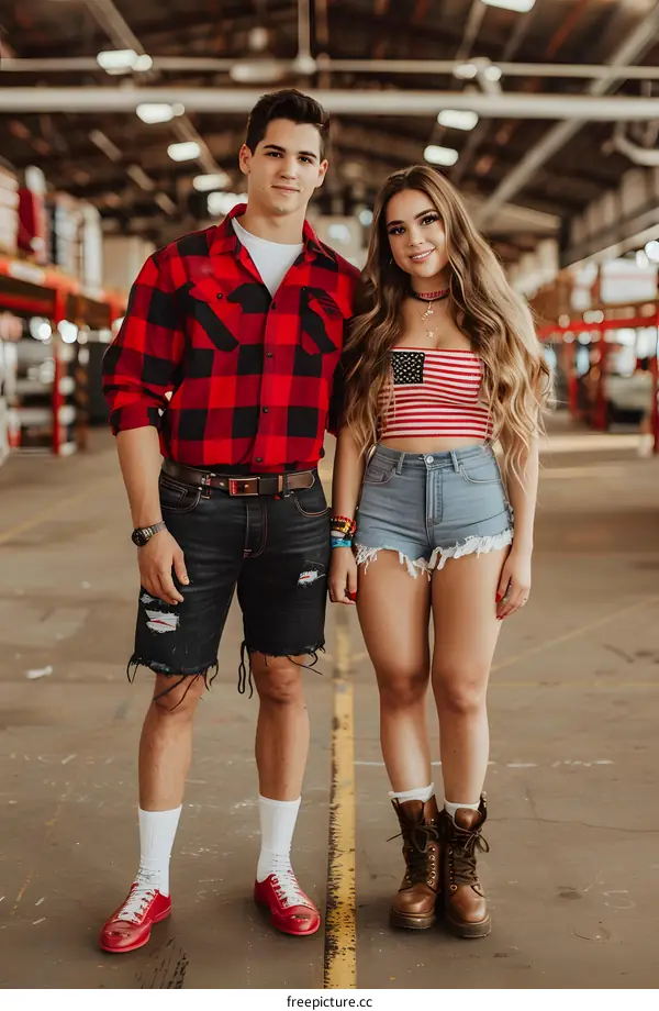 Couple Standing Together In Warehouse Wearing Red White And Blue Outfits