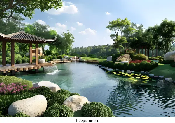 Serene Japanese Garden with Waterfall and Pond