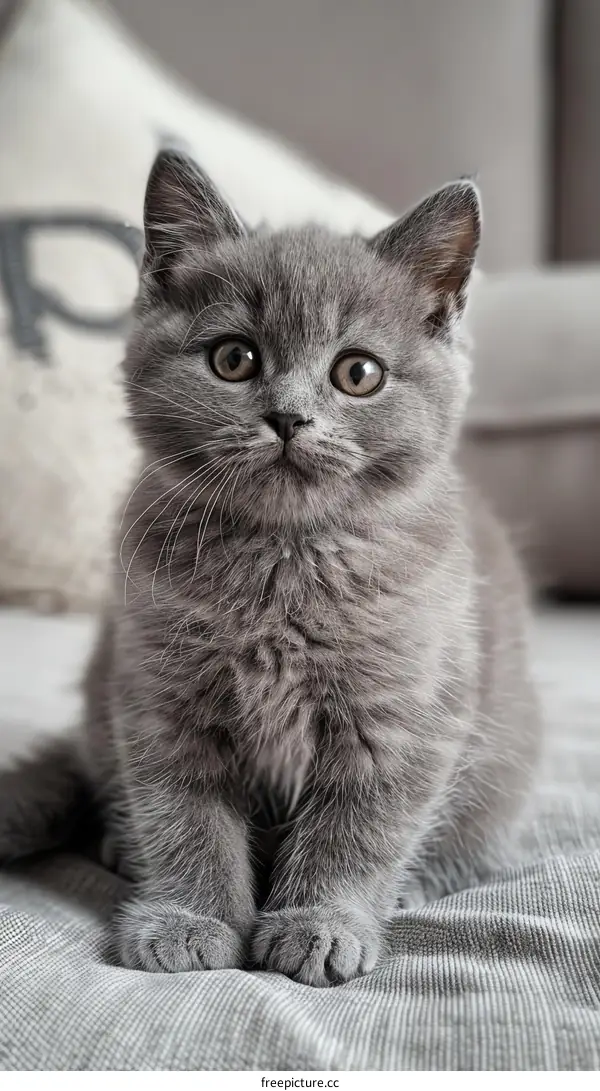 A Cute Gray Kitten Sitting on a Bed and Looking at the Camera